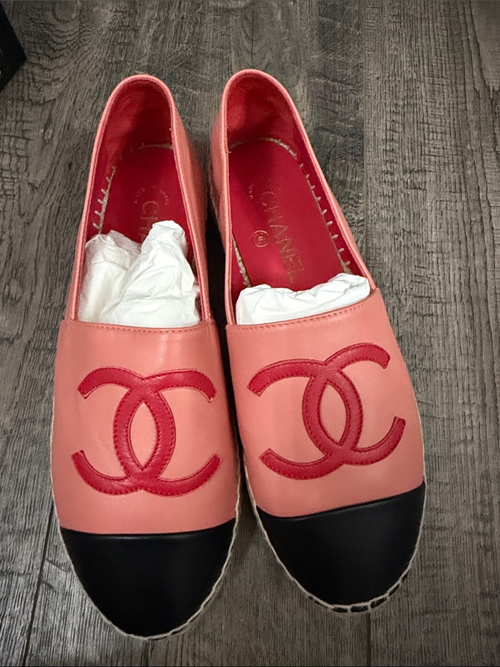 CHANEL Coral Pink Leather Espadrilles with Black Cap Toe